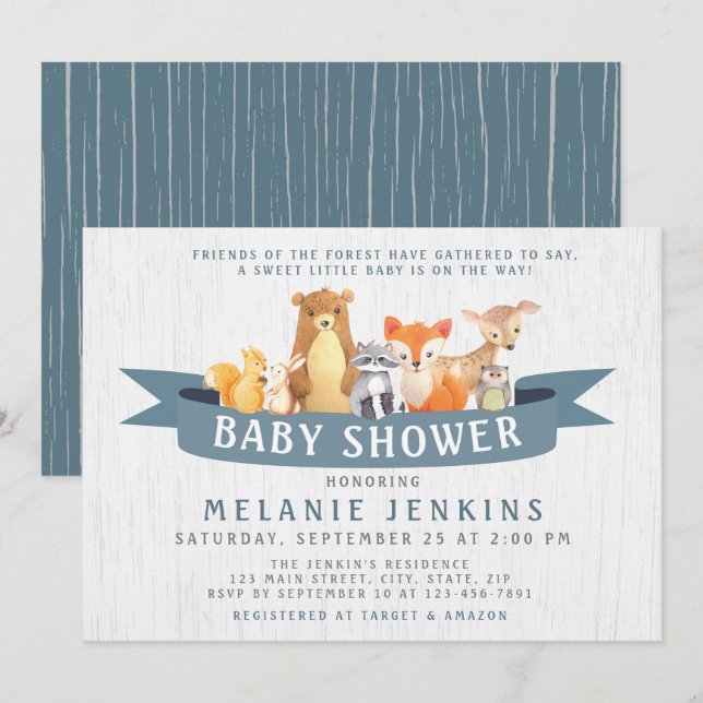 Boy-Baby-Dusche für Holztiere Einladung (Vorne/Hinten)