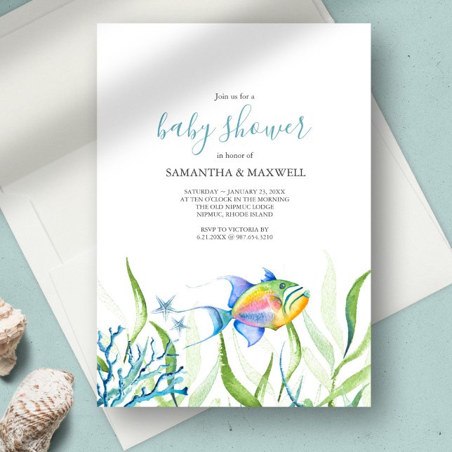 Boy Baby Dusche Wasserfarbe Niedliche Fische Einladung (Boy Baby Shower Invitations Watercolor Cute Tropical Fish art and design by Victoria Grigaliunas)