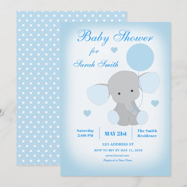 Boy Baby Duwer Blue Elephant Einladung (Vorne/Hinten)