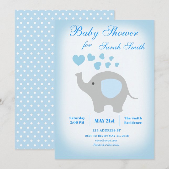Boy Baby Duwer Blue Elephant Einladung (Vorne/Hinten)