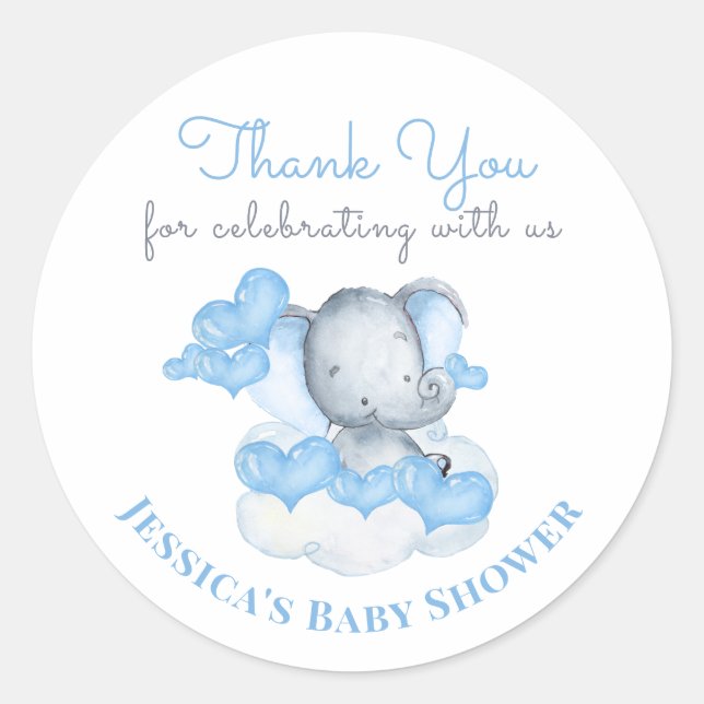 Boy Baby Elephant mit Blue Hearts - Danke Runder Aufkleber (Vorderseite)