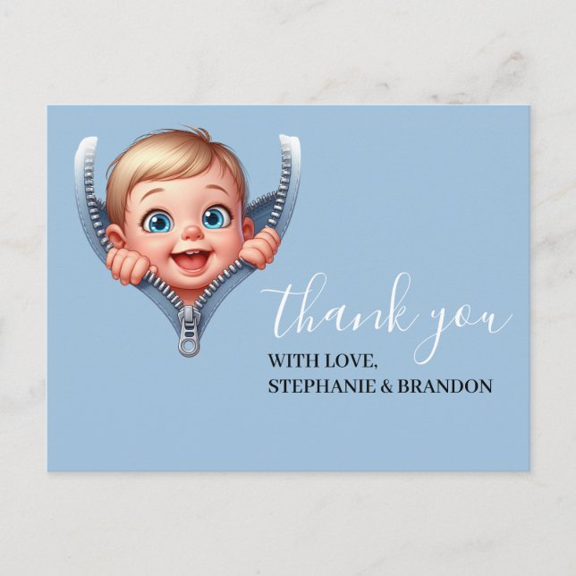 Boy Baby Peeking out Baby Dusche Danke Postkarte (Vorderseite)