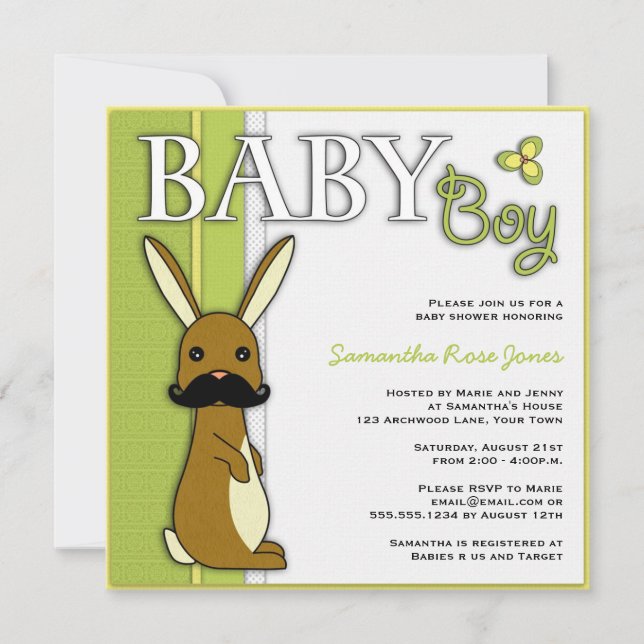 Boy Baby Shooter Niedlich Bunny mit Mustache - Gre Einladung (Vorderseite)