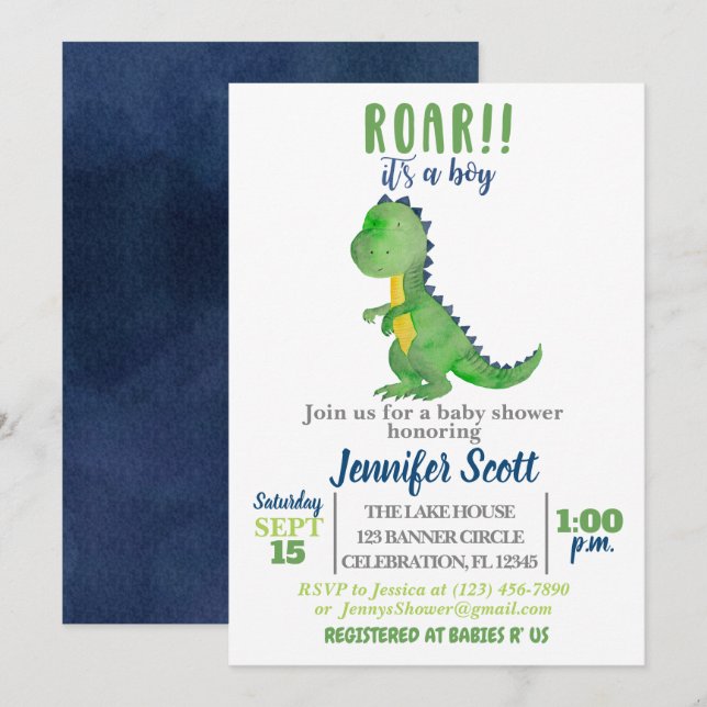 Boy Baby shower Aquarelle Dinosaur Invitation (Devant / Derrière)