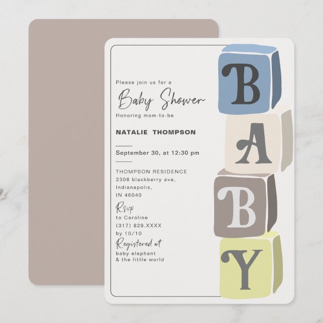 Boy Baby Shower Blocks Einladung (Vorne/Hinten)
