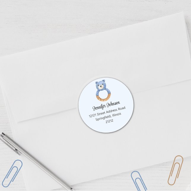 Boy Baby Shower Blue Bear Rücksendeadresse Runder Aufkleber (Von Creator hochgeladen)