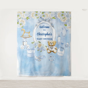 Boy Baby Shower Blue Blumen Teddy Bären Hintergrun Wandteppich