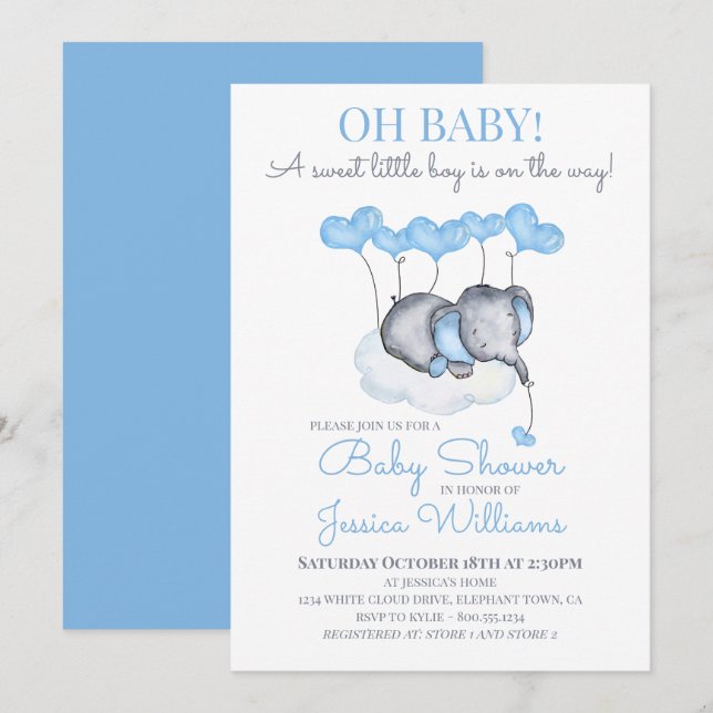 Boy Baby Shower Blue Elephant auf Cloud Einladung (Vorne/Hinten)