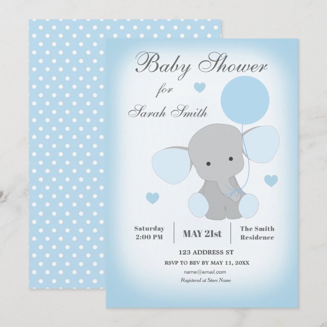 Boy Baby Shower Einladung Elephant Blue (Vorne/Hinten)