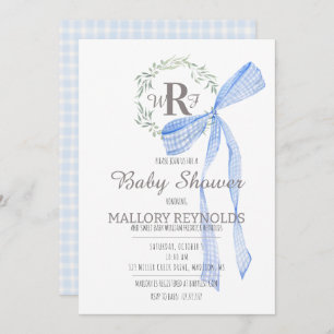 Boy Baby Shower Einladung Monogram & Gingham Bow