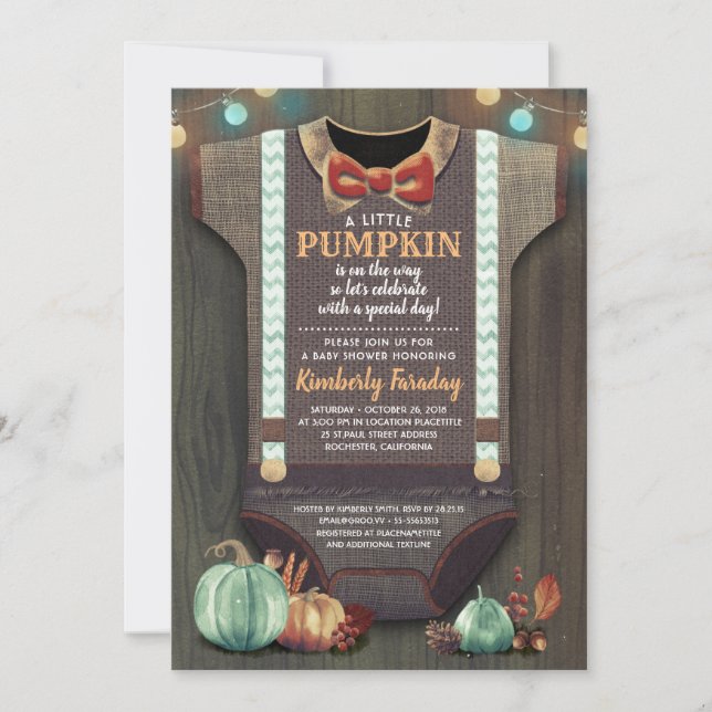 Boy Baby Shower Fall Pumpkin Rustic Burlap Wood Einladung (Vorderseite)