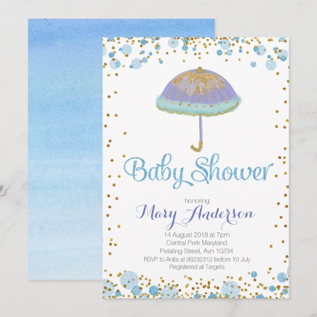 BOY Baby shower Invitation parapluie (Devant / Derrière)
