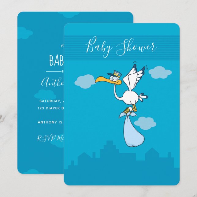 Boy Baby Shower niedlich Stork Cartoon Einladung (Vorne/Hinten)