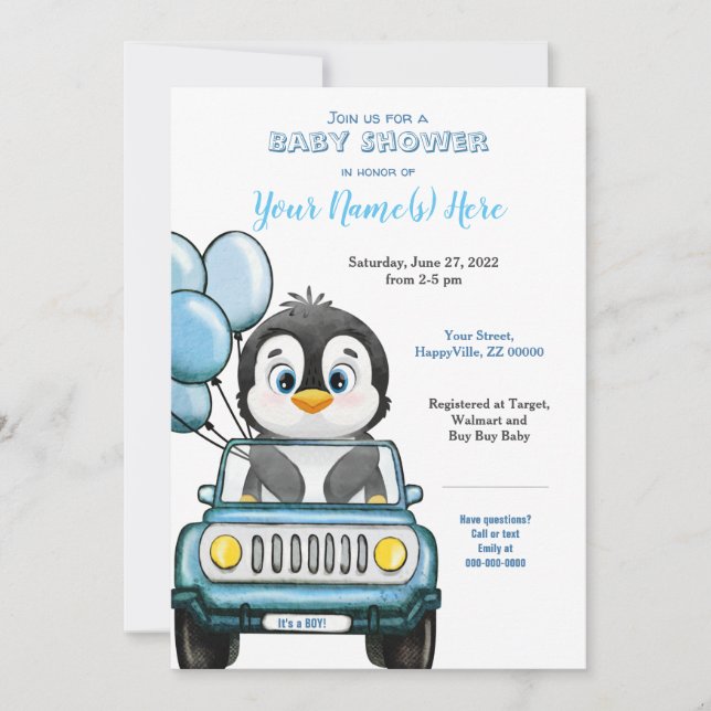 Boy Baby Shower Pinguin im Auto Einladung (Vorderseite)