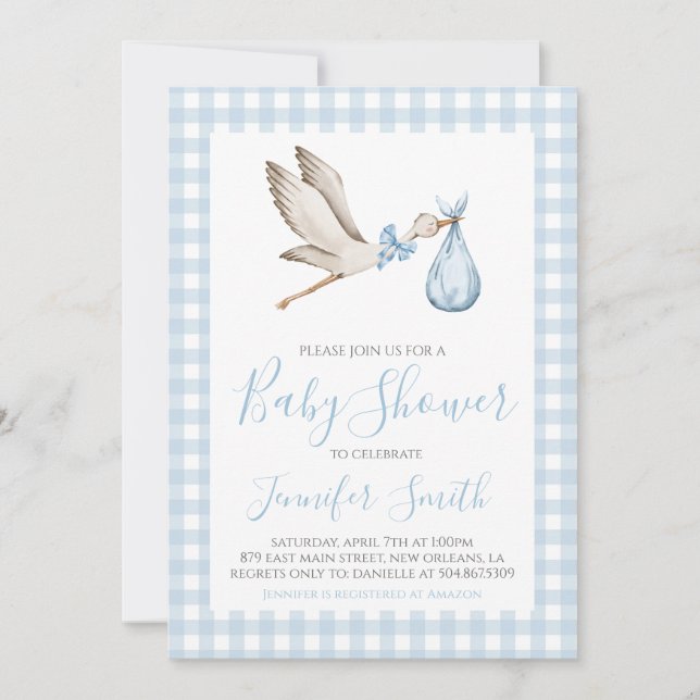 Boy Baby Shower Preppy Southern Blue Storch Einladung (Vorderseite)