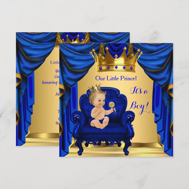 Boy Baby Shower Prince Royal Blue Blonde Einladung (Vorne/Hinten)