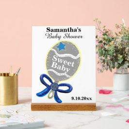 Boy Baby Shower Silver Blue Rattle Acrylschild