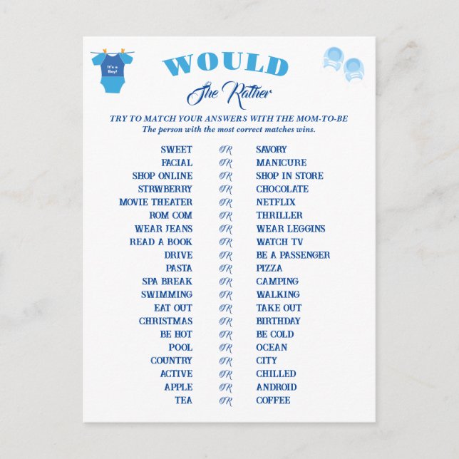 Boy Baby Shower Spiele Vorhersage und Ratschläge. Postkarte (Vorderseite)
