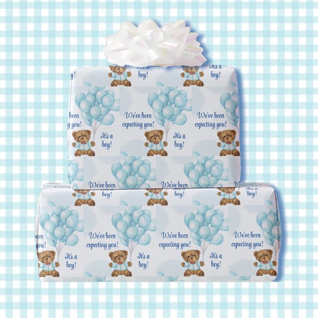 Boy Baby Shower Teddy Bear Blue Balloons Name Geschenkpapier (Von Creator hochgeladen)