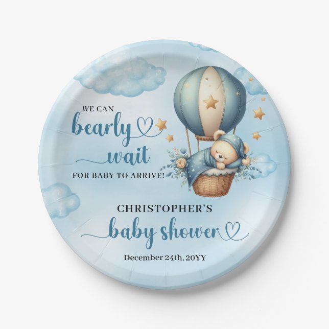 Boy Baby Shower wir können warten Heißluftballon Pappteller (Vorderseite)