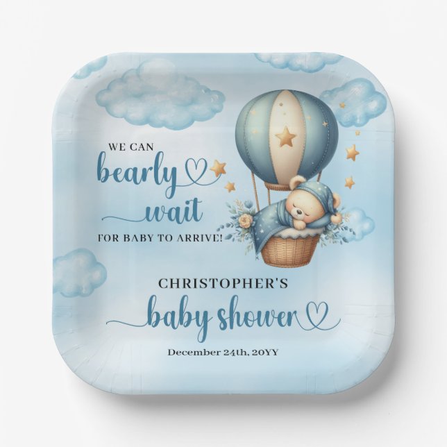 Boy Baby Shower wir können warten Heißluftballon Pappteller (Vorderseite)