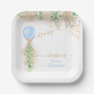 Boy Balloon Eucalyptus Gold Glitzer Baby Showroom Pappteller