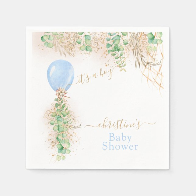Boy Balloon Eucalyptus Gold Glitzer Baby Showroom Serviette (Vorderseite)