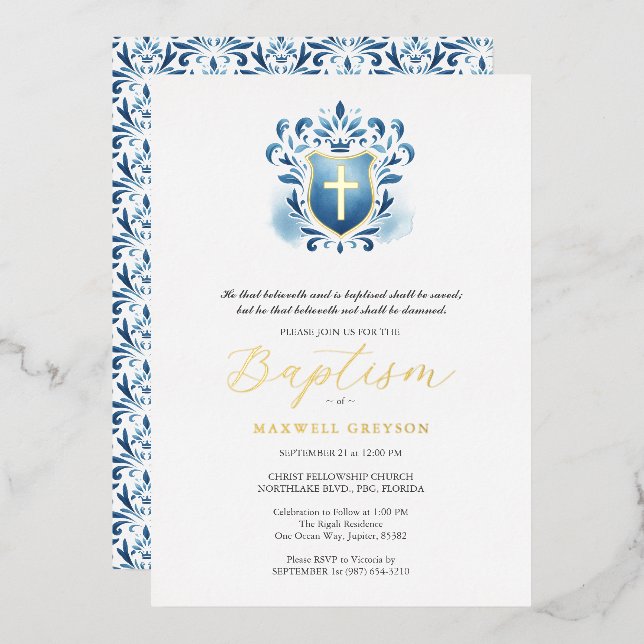 Boy Baptisations Invitations Blue Wappen Folieneinladung (Vorderseite/Rückseite)