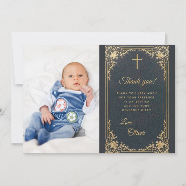 Boy Baptisk Blue Gold Foto Vintag Dankeskarte (Vorderseite)