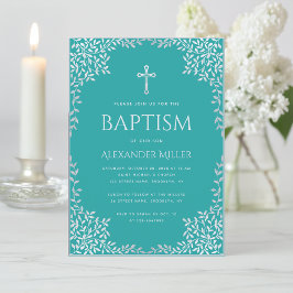 Boy Baptism Aquamarine Imitate Silver Blätter Vint Einladung