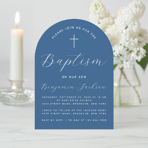 Boy Baptism Arch Classic Blue White Script & Cross Einladung