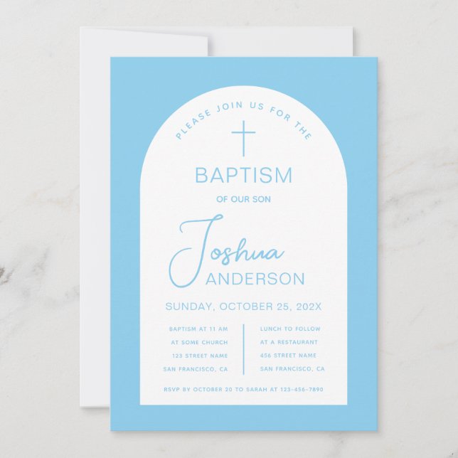 Boy Baptism Baby Blue White Arch Script religiös Einladung (Vorderseite)
