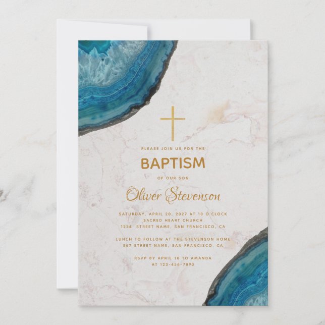 Boy Baptism Blue Agate Geode Marble Gold Cross Einladung (Vorderseite)