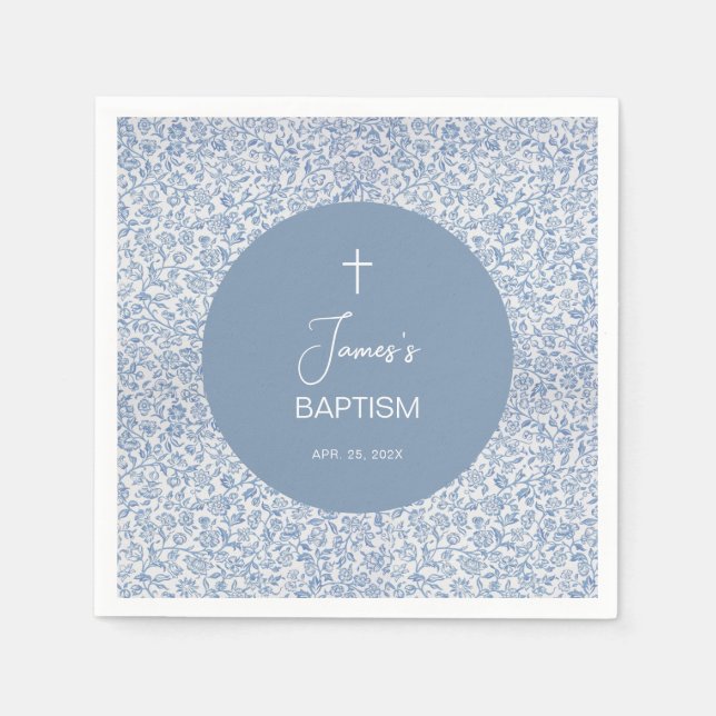 Boy Baptism Blue and White Floral Pattern Elegant Serviette (Vorderseite)