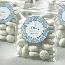 Boy Baptism Blue Floral Marigold William Morris Runder Aufkleber