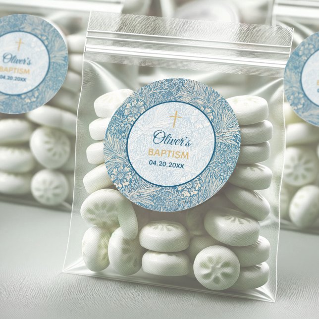 Boy Baptism Blue Floral Marigold William Morris Runder Aufkleber (Von Creator hochgeladen)