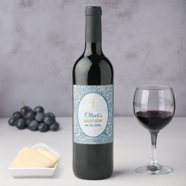 Boy Baptism Blue Floral Marigold William Morris Weinetikett (Von Creator hochgeladen)