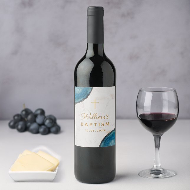 Boy Baptism Blue Geode Gold Cross White Marmor Weinetikett (Von Creator hochgeladen)