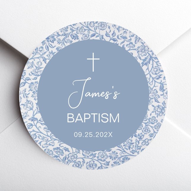 Boy Baptism Blue White Floral Pattern Christening Runder Aufkleber (Von Creator hochgeladen)