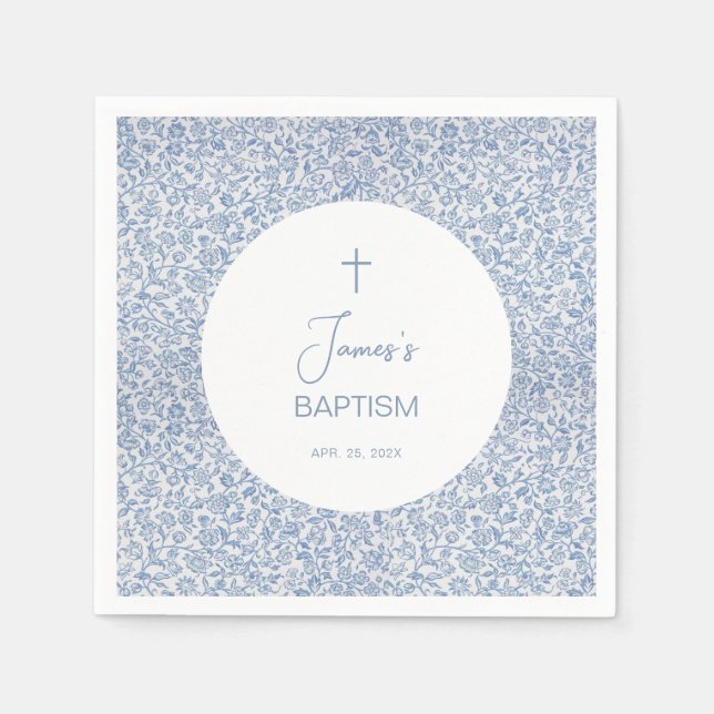 Boy Baptism Blue White Floral Pattern Christening  Serviette (Vorderseite)