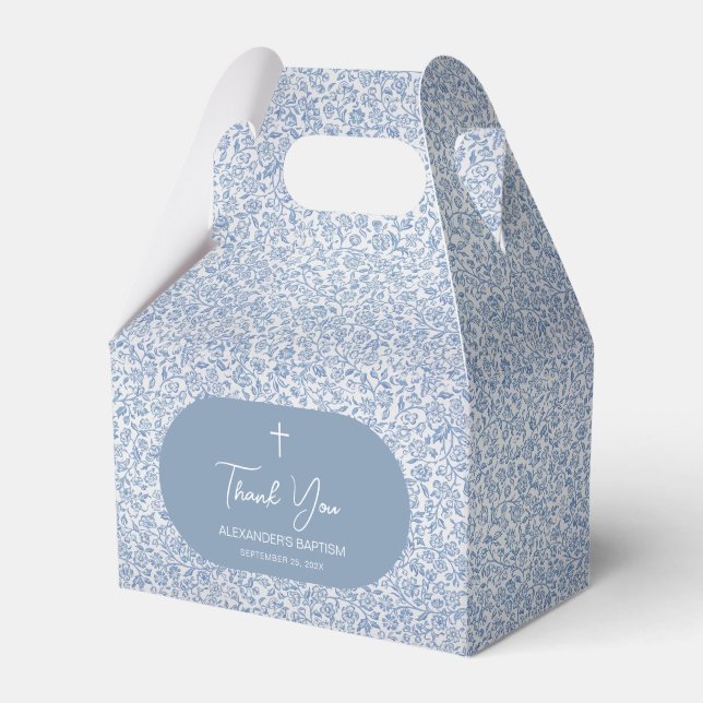 Boy Baptism Blue & White Floral Pattern Thank You Geschenkschachtel (Vorderseite)