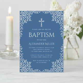 Boy Baptism Classic Blue Imitats Silver Blätter Ve Einladung