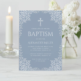 Boy Baptism Dusty Blue Elegant Imitats Silver Blät Einladung