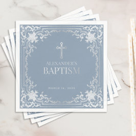 Boy Baptism Dusty Blue Elegante Imitate Silver Cro Serviette