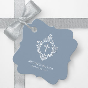 Boy Baptism Dusty Blue White Cross Wappen Elegant Geschenkanhänger