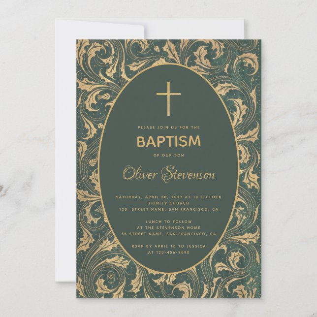 Boy Baptism Gold Thistle Cross Green Oval Elegante Einladung (Vorderseite)