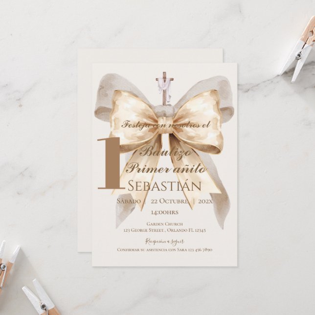 Boy Baptism Invitation in Spanish Boho (Devant/Arrière en situation)