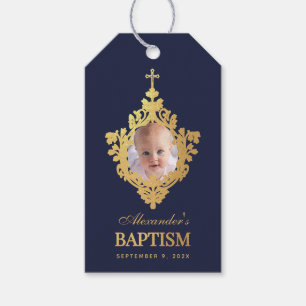 Boy Baptism Navy Blue Foto Imitate Gold Elegant Geschenkanhänger