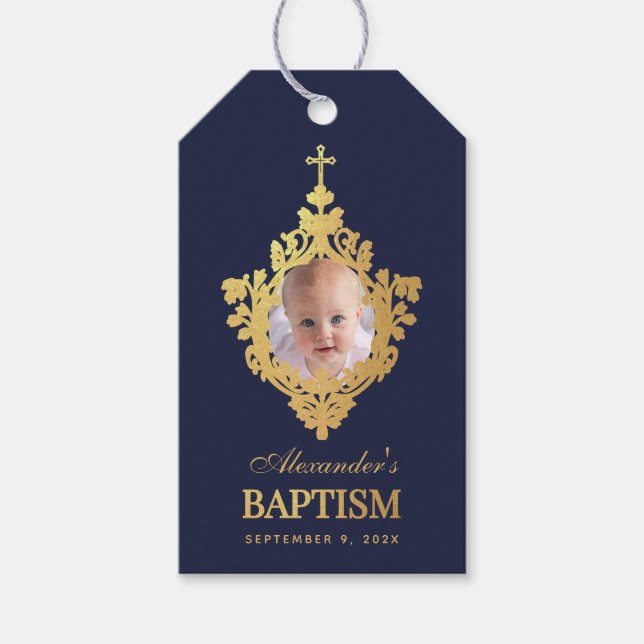 Boy Baptism Navy Blue Foto Imitate Gold Elegant Geschenkanhänger (Vorderseite)