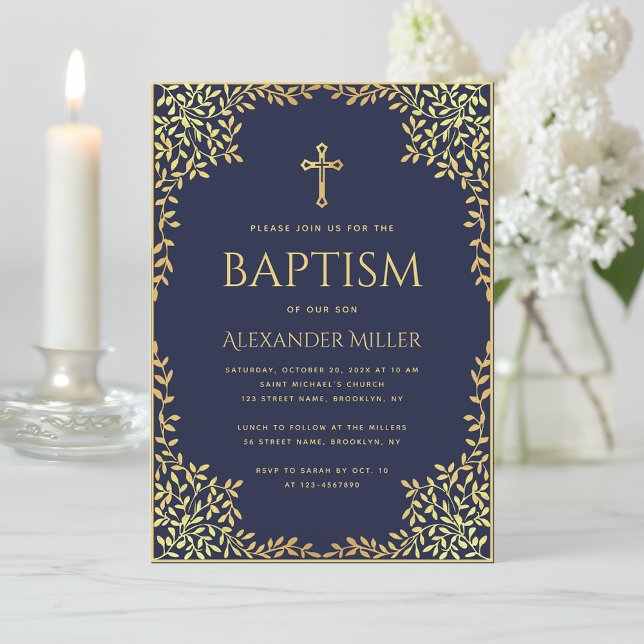 Boy Baptism Navy Blue Imitats Gold Blätter Elegant Einladung (Von Creator hochgeladen)